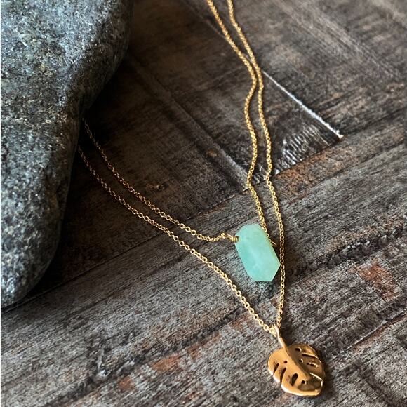 NEW Free People x Luna Norte Green Aventurine & Leaf Layer Necklace - Picture 6 of 15